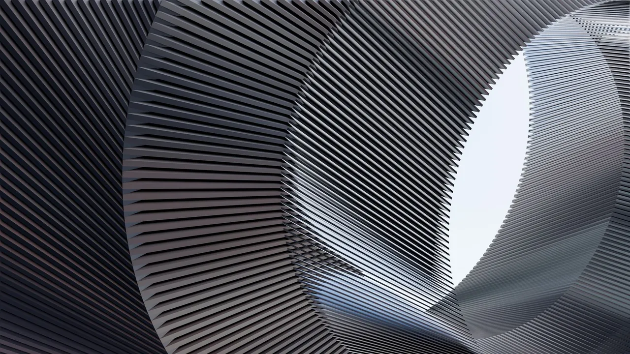 Abstract steel structure with futuristic geometric patterns, creating an intricate industrial design.
