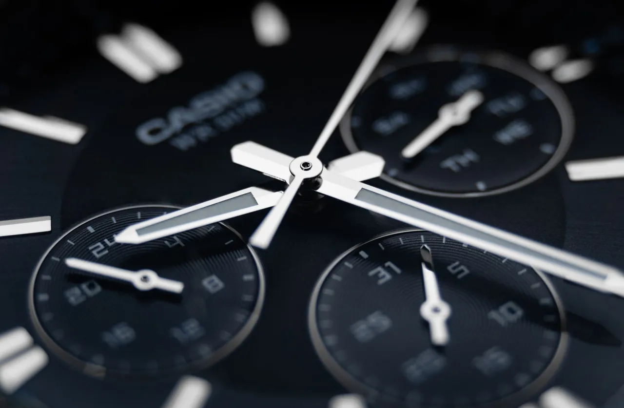 Detailed view of a chronograph watch showing time and design features.
