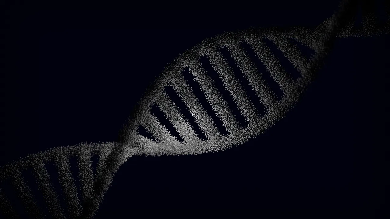 Artistic rendering of a DNA strand with particle effects against a dark background.
