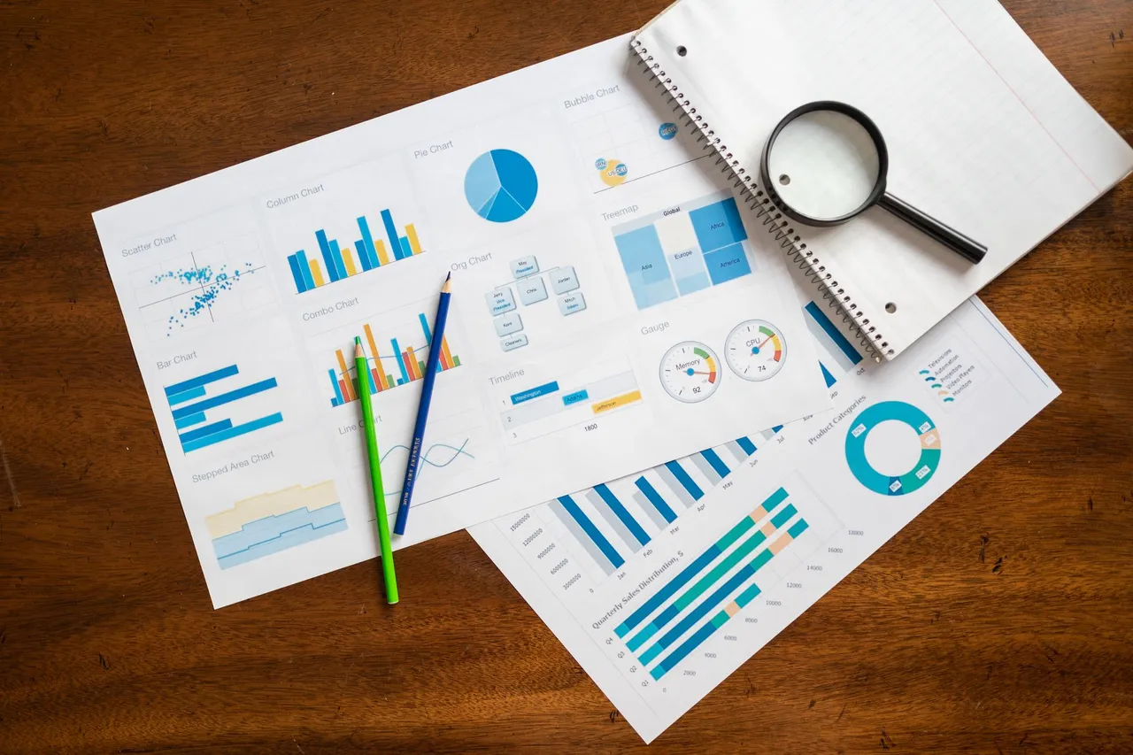 Flat lay of various business charts and colored pencils on wooden table, highlighting financial analysis.